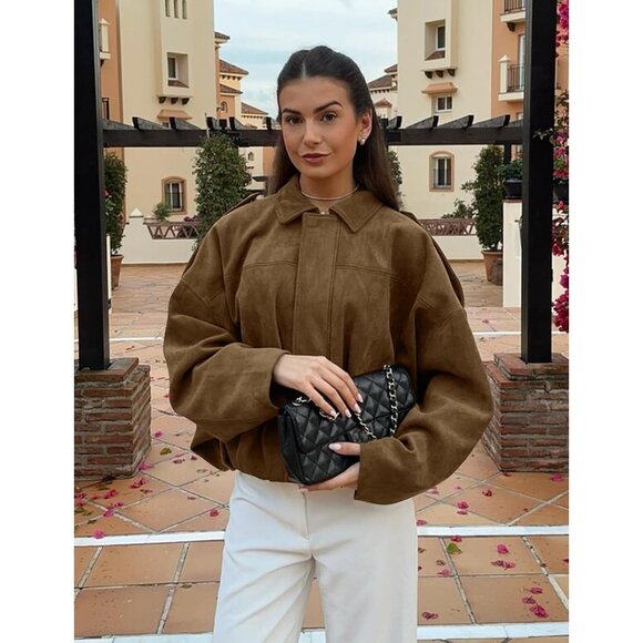 Women's Faux Suede Bomber Jacket Oversized Long Sleeve Zip Up Cropped Brown - Picture 2 of 5